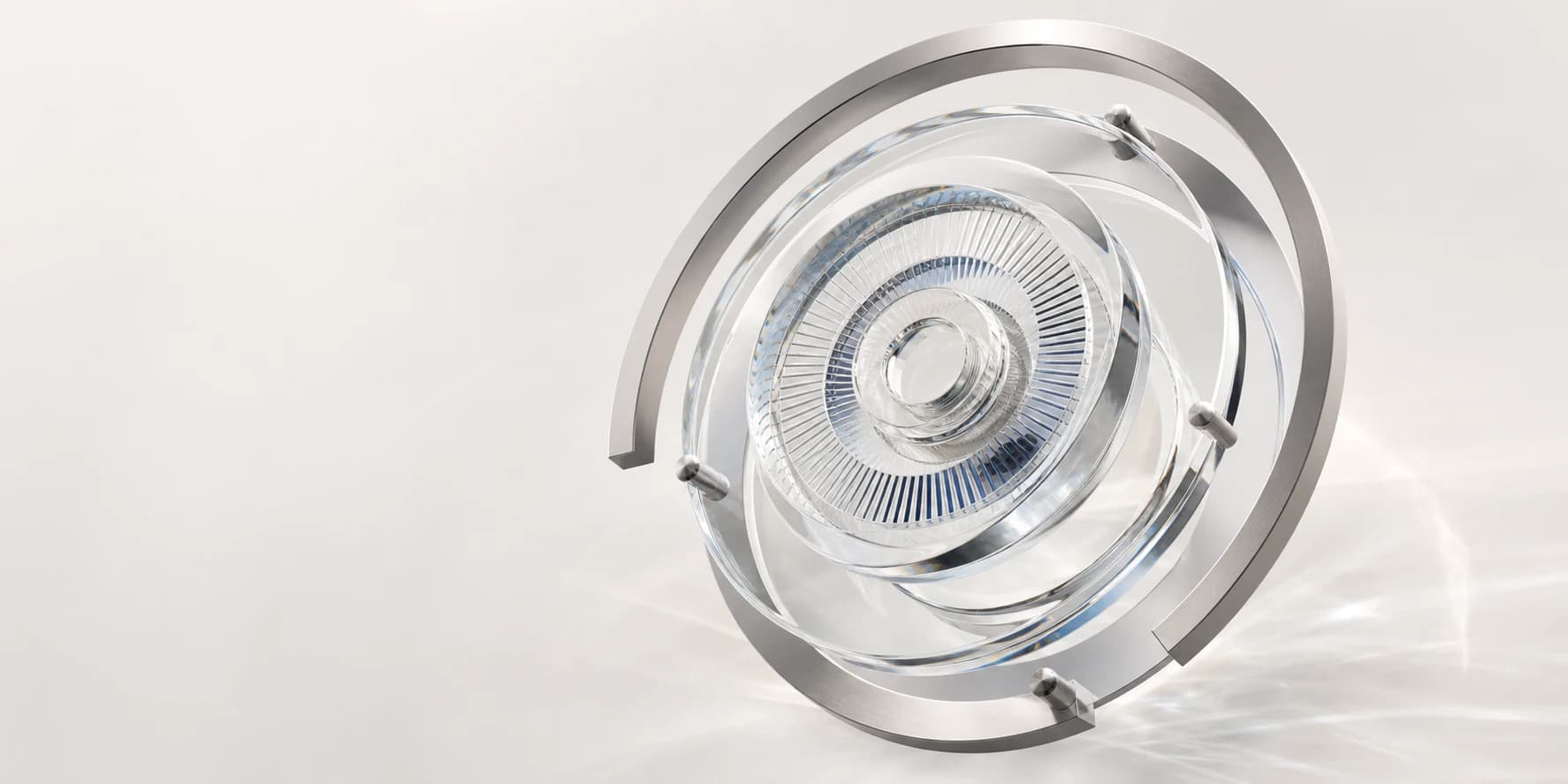 Escultura óptica abstrata construída em vidro e titânio
